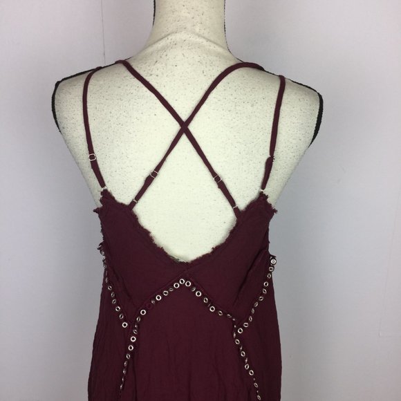 Free People Slip Dress Sz M Red Burgundy Trapeze V-Neck Studded Cross Ba… - Picture 10 of 16